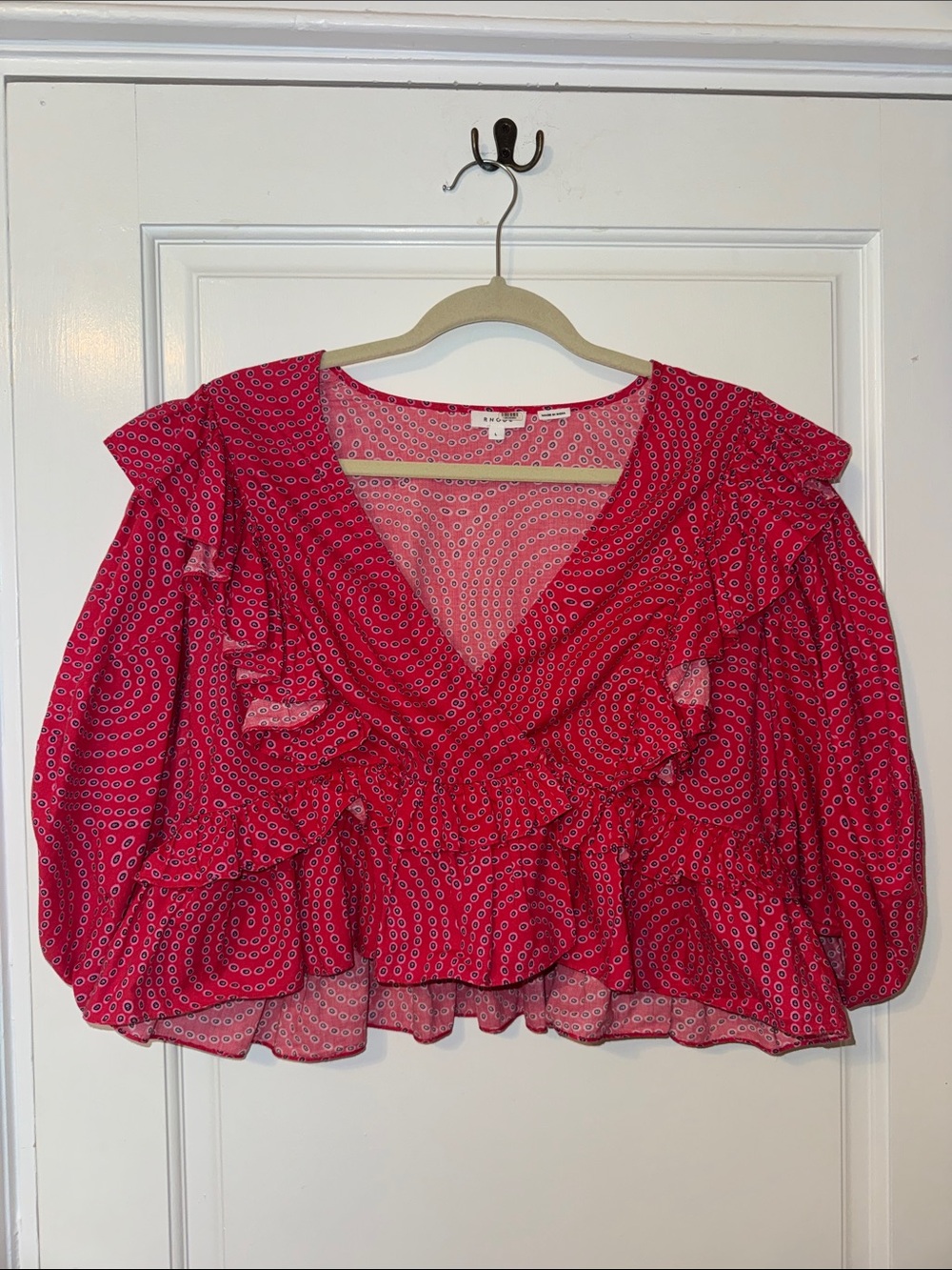RHODE Eloide Wrap Top - pink, blue dots, ruffles